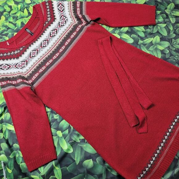 Massini Fair Isle Dark Red Maroon Sweater Dress Tunic Self Sash Belt size Large - Picture 2 of 13